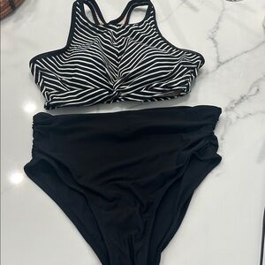 Time and Tru Black and White Striped High Neck Bikini Set
